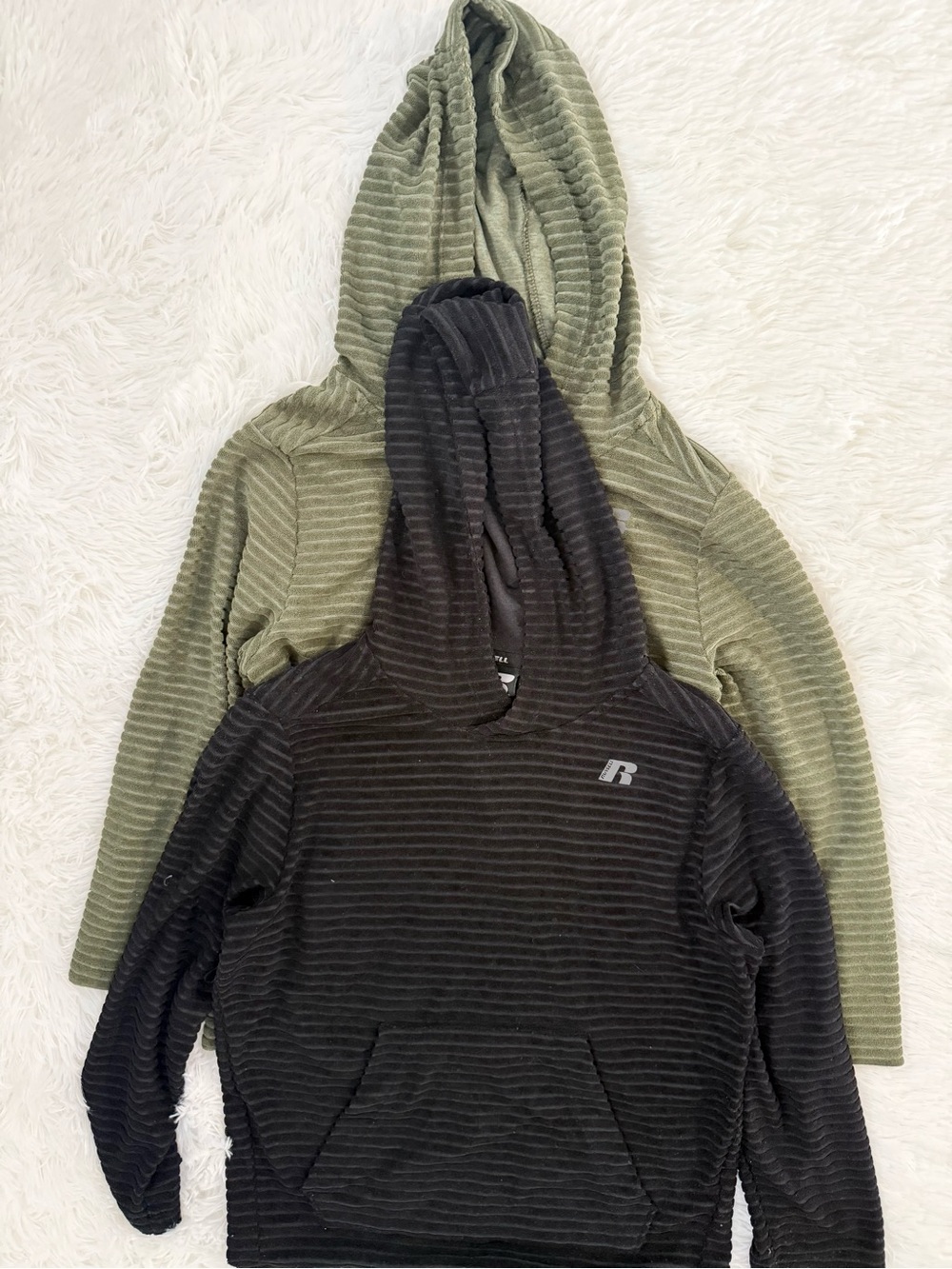 Lot of 2 Russell Athletic Boys M (8) Ribbed Fleece Hoodies Black Olive green